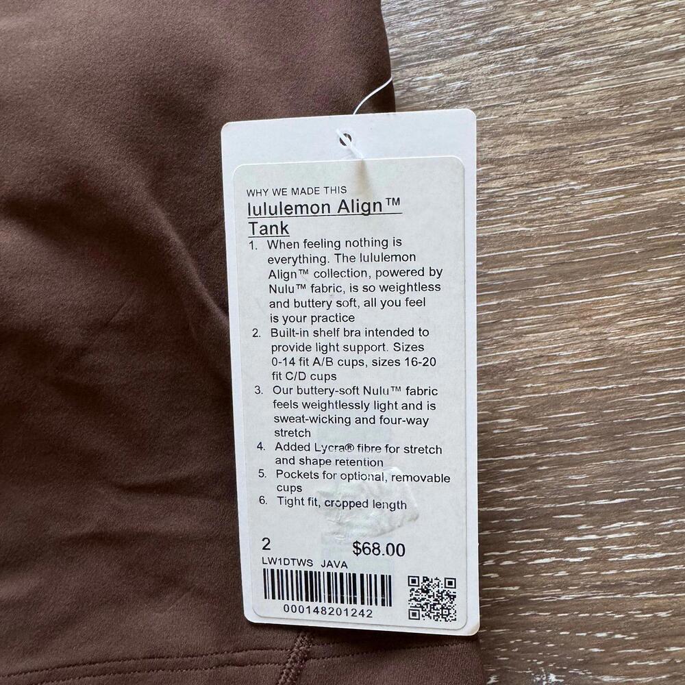 Lululemon Align Tank Cropped JAVA Size 2 NWT - Picture 4 of 6
